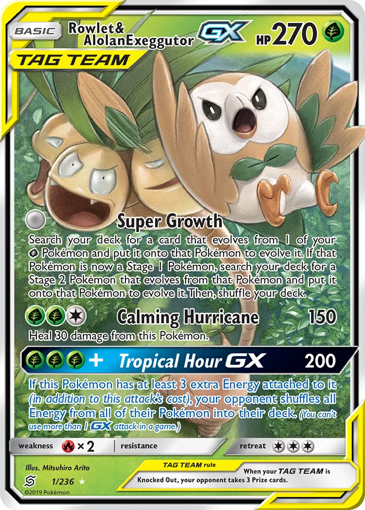 Rowlet & Alolan Exeggutor-GX - Unified Minds 001/236 (Rare Holo GX)