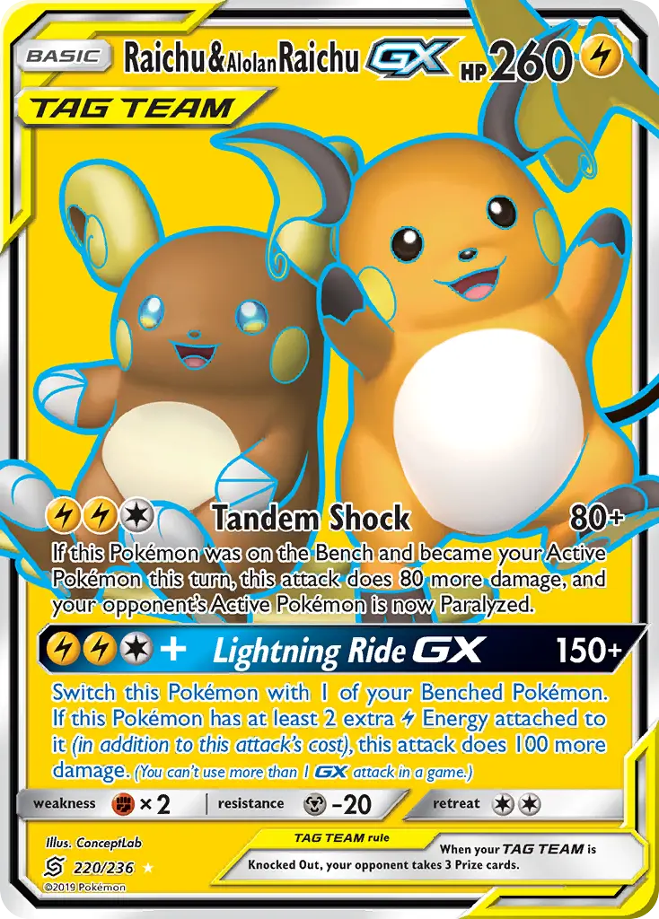 Raichu & Alolan Raichu-GX - Unified Minds 220/236 (Ultra Rare)
