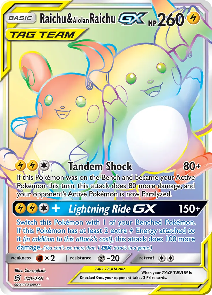 Raichu & Alolan Raichu-GX - Unified Minds 241/236 (Rainbow Rare)